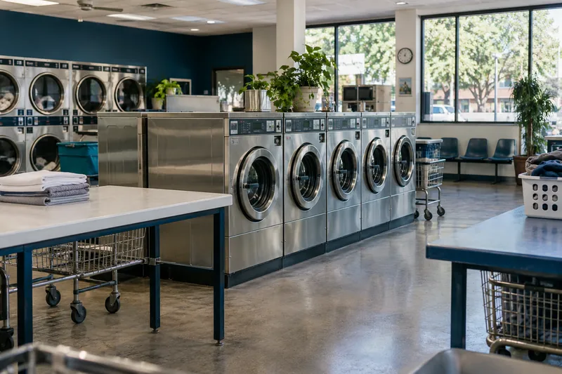 Illustrative neighborhood laundromat with stainless washers and daylight